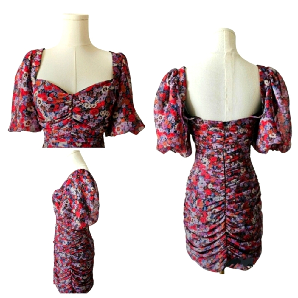 🆕️Zara Ruched Red Pink & Gold Ruched Puff Sleeve Mini Chiffon Draped Dress M - Picture 2 of 16